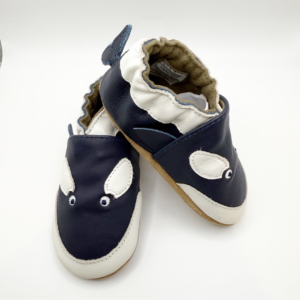 Robeez Leather Willie Navy Baby Boy Anti-Slip Soft Sole Whale Hello shoes New